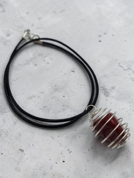 Handmade Jewelry - Handmade Red Jasper Pendant Silver Spiral Cage Necklace – Boho Jewelry